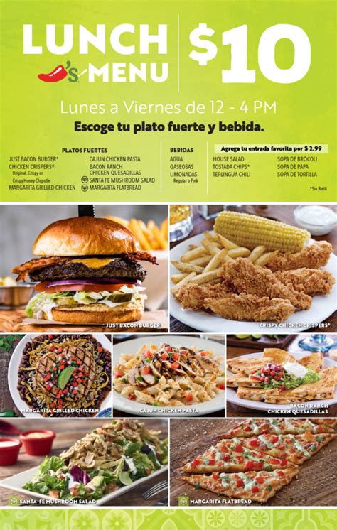 Chili's menu prices 3 for $10 - Jan 10, 2024 · The Chili’s 3 for Me menu presents an excellent deal, encompassing a beverage, appetizer, and entree, all beginning at $10.99. Among the offerings are choices like the Just Bacon Burger, Chicken Bacon Ranch Quesadillas, and Cajun Shrimp Pasta featured on the menu. 